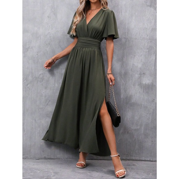 v neck Butterfly Sleeve Split Thigh maxi Dress black - Picture 5 of 11